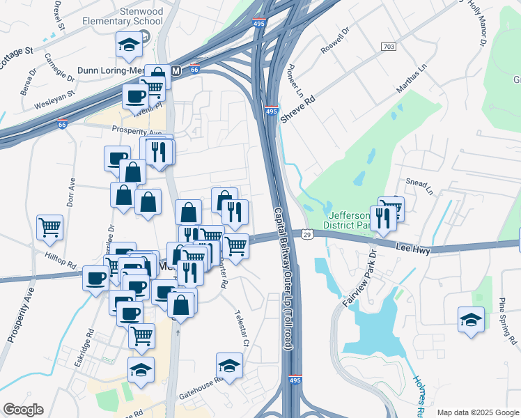 map of restaurants, bars, coffee shops, grocery stores, and more near 2815 Hartland Road in Falls Church