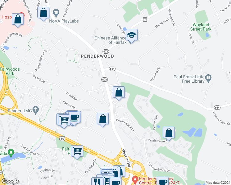 map of restaurants, bars, coffee shops, grocery stores, and more near 12125 Wedgeway Place in Fairfax