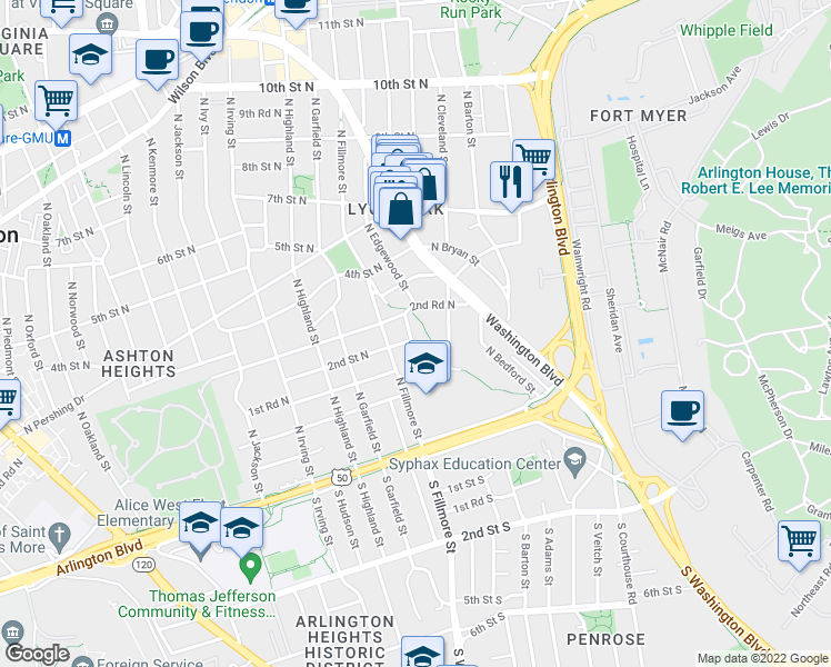 map of restaurants, bars, coffee shops, grocery stores, and more near 201 North Edgewood Street in Arlington