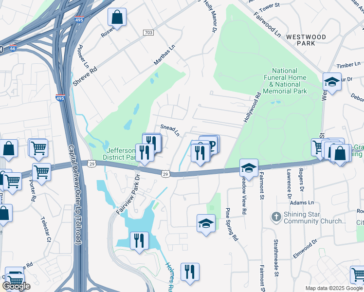 map of restaurants, bars, coffee shops, grocery stores, and more near 2809 Mary Street in Falls Church
