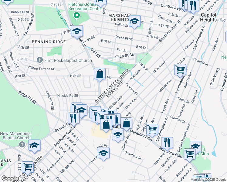 map of restaurants, bars, coffee shops, grocery stores, and more near 4500 Heath Street in Capitol Heights