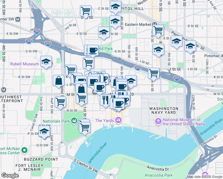 map of restaurants, bars, coffee shops, grocery stores, and more near 1101-1199 3rd St SE in Washington