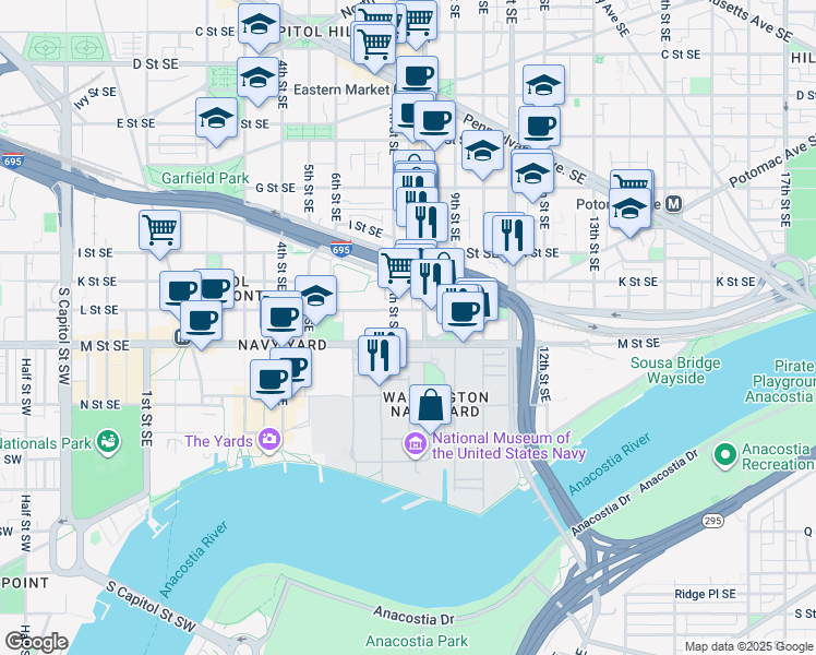 map of restaurants, bars, coffee shops, grocery stores, and more near 101 Independence Avenue Southeast in Washington