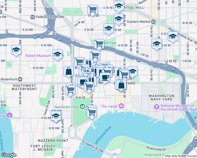 map of restaurants, bars, coffee shops, grocery stores, and more near 101 Independence Avenue Southeast in Washington