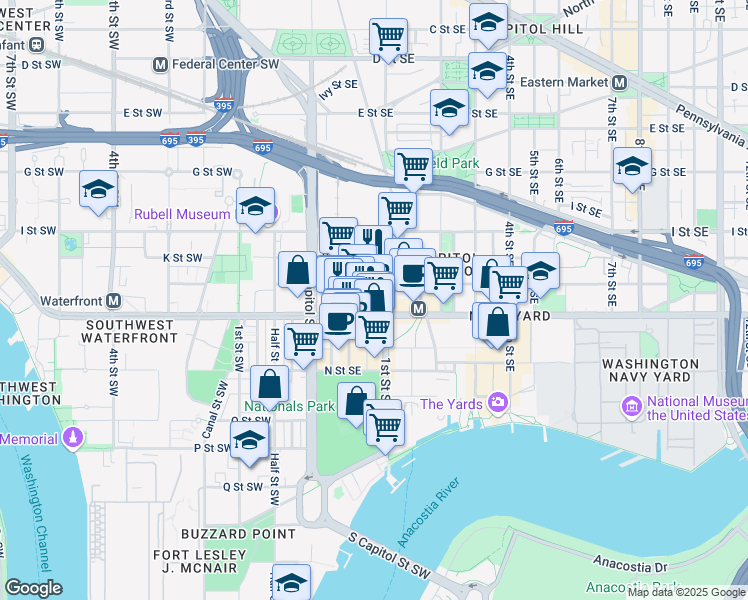 map of restaurants, bars, coffee shops, grocery stores, and more near 101 Independence Avenue Southeast in Washington