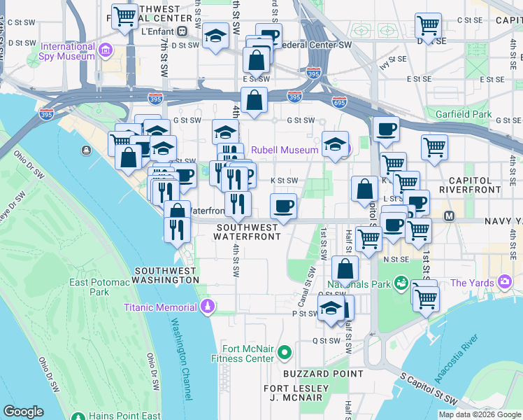 map of restaurants, bars, coffee shops, grocery stores, and more near 101 Independence Avenue Southeast in Washington