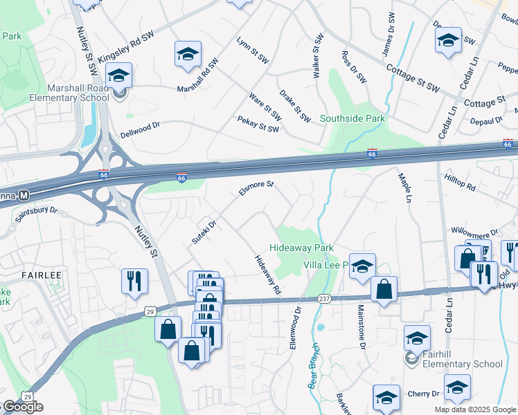 map of restaurants, bars, coffee shops, grocery stores, and more near 2873 Glenvale Drive in Fairfax
