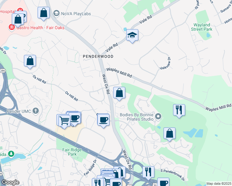 map of restaurants, bars, coffee shops, grocery stores, and more near 12125 Wedgeway Place in Fairfax