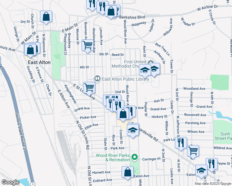 map of restaurants, bars, coffee shops, grocery stores, and more near 149 Haller Avenue in East Alton