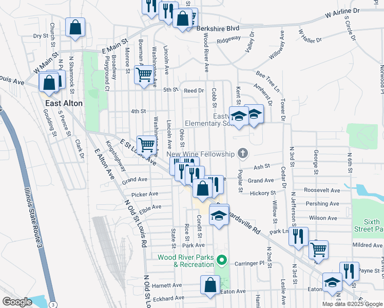 map of restaurants, bars, coffee shops, grocery stores, and more near 149 Haller Avenue in East Alton