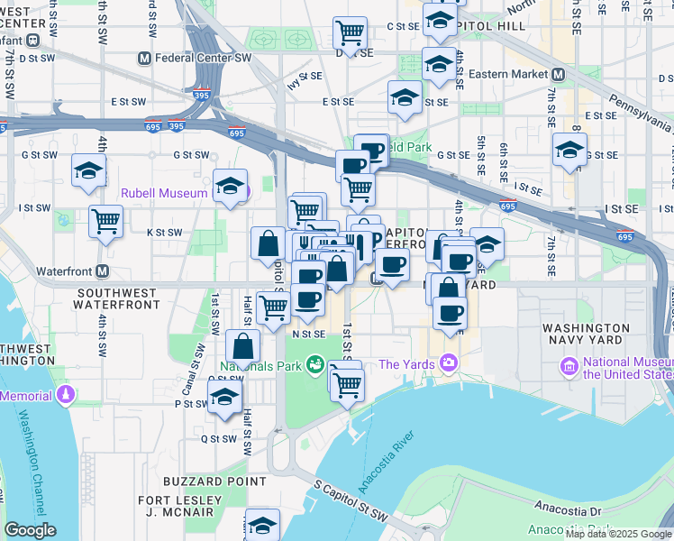 map of restaurants, bars, coffee shops, grocery stores, and more near 101 Independence Avenue Southeast in Washington