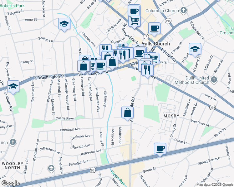 map of restaurants, bars, coffee shops, grocery stores, and more near 2822 Raymond Court in Falls Church