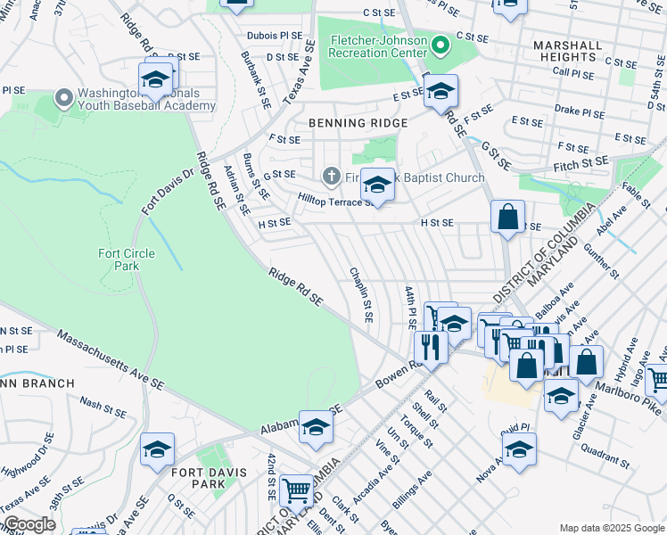 map of restaurants, bars, coffee shops, grocery stores, and more near 864 Burns Street Southeast in Washington