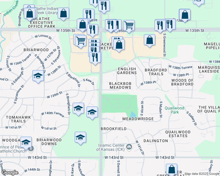 map of restaurants, bars, coffee shops, grocery stores, and more near 15042 West 139th Street in Olathe