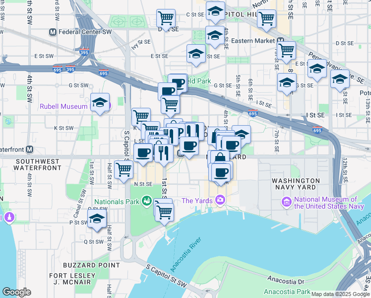 map of restaurants, bars, coffee shops, grocery stores, and more near 1100 New Jersey Avenue Southeast in Washington
