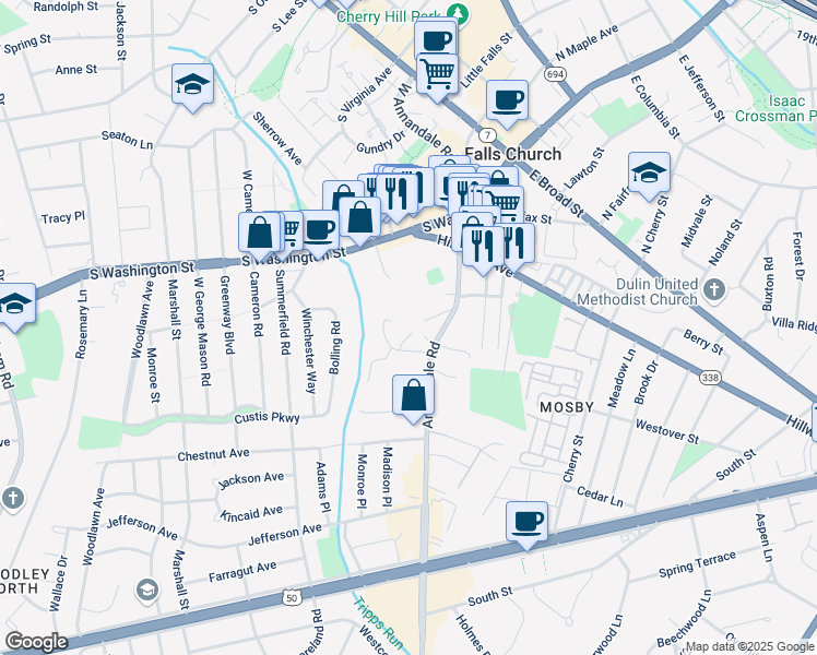 map of restaurants, bars, coffee shops, grocery stores, and more near 2800 Prince Albert Court in Falls Church