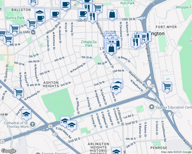 map of restaurants, bars, coffee shops, grocery stores, and more near 3001 2nd Road North in Arlington