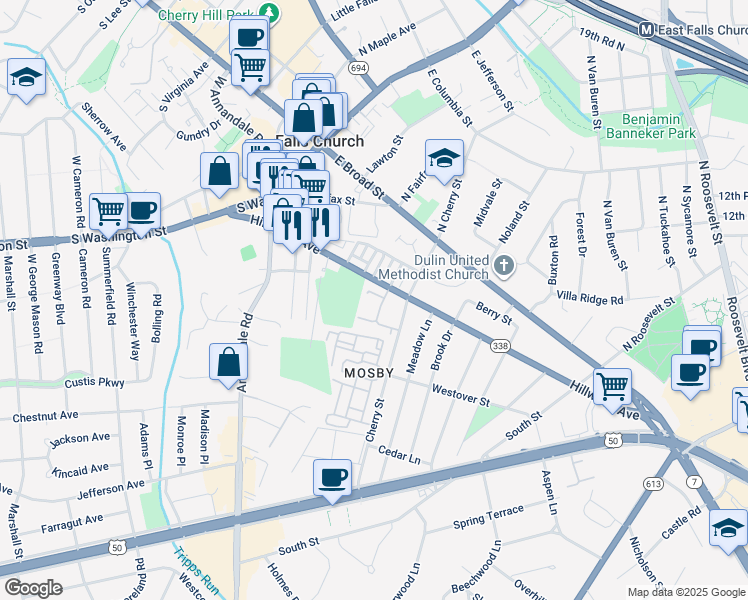 map of restaurants, bars, coffee shops, grocery stores, and more near 6565 Flagmaker Court in Falls Church
