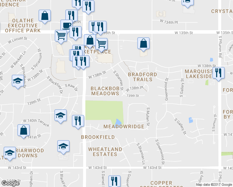 map of restaurants, bars, coffee shops, grocery stores, and more near 13863 South Alden Court in Olathe