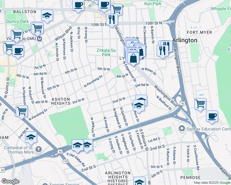 map of restaurants, bars, coffee shops, grocery stores, and more near 3001 2nd Road North in Arlington