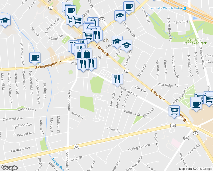 map of restaurants, bars, coffee shops, grocery stores, and more near 6565 Flagmaker Court in Falls Church