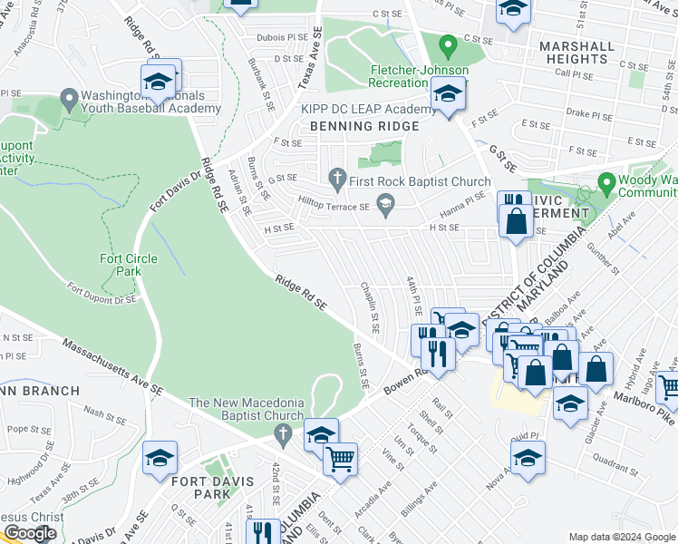 map of restaurants, bars, coffee shops, grocery stores, and more near 864 Burns Street Southeast in Washington