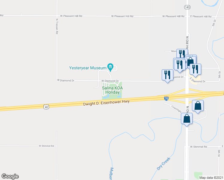 map of restaurants, bars, coffee shops, grocery stores, and more near 1109 West Diamond Drive in Salina
