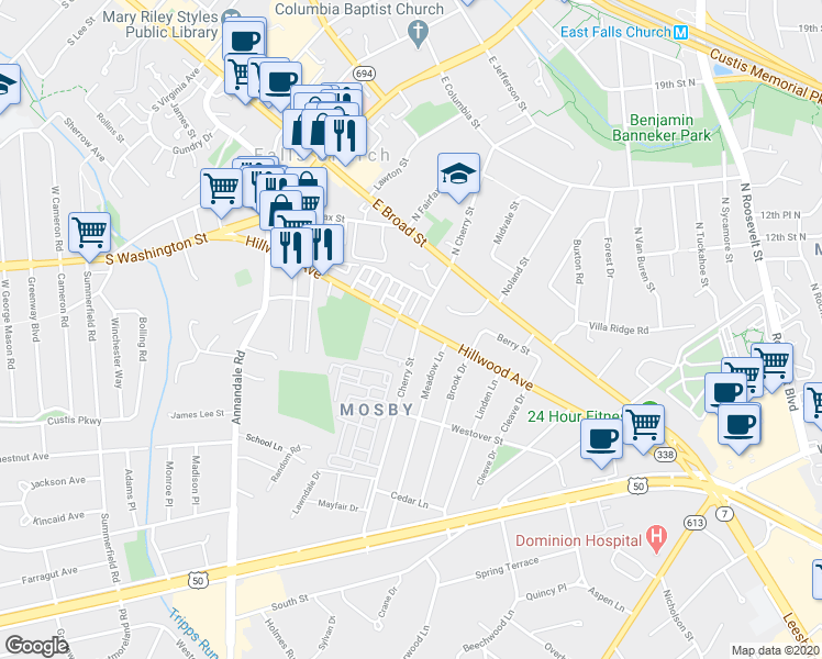 map of restaurants, bars, coffee shops, grocery stores, and more near 200 South Cherry Street in Falls Church