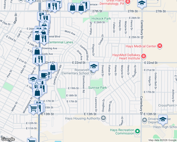 map of restaurants, bars, coffee shops, grocery stores, and more near 2005 Mac Arthur Road in Hays
