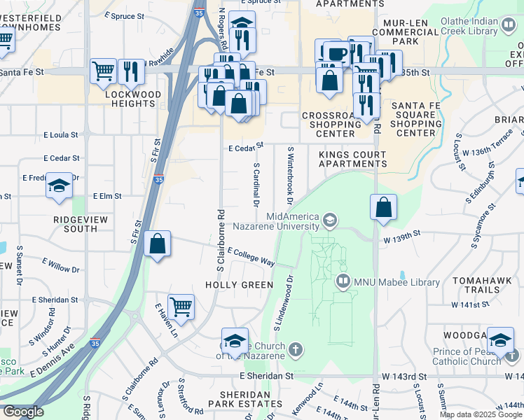 map of restaurants, bars, coffee shops, grocery stores, and more near 508 South Cardinal Drive in Olathe