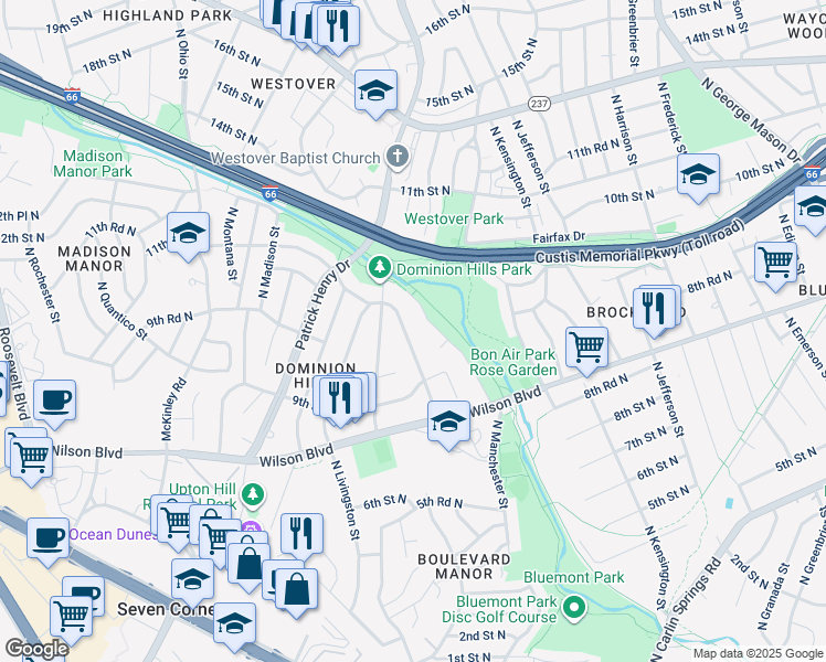 map of restaurants, bars, coffee shops, grocery stores, and more near 1009 North Larrimore Street in Arlington