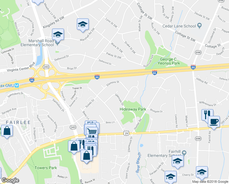 map of restaurants, bars, coffee shops, grocery stores, and more near 2873 Glenvale Drive in Fairfax