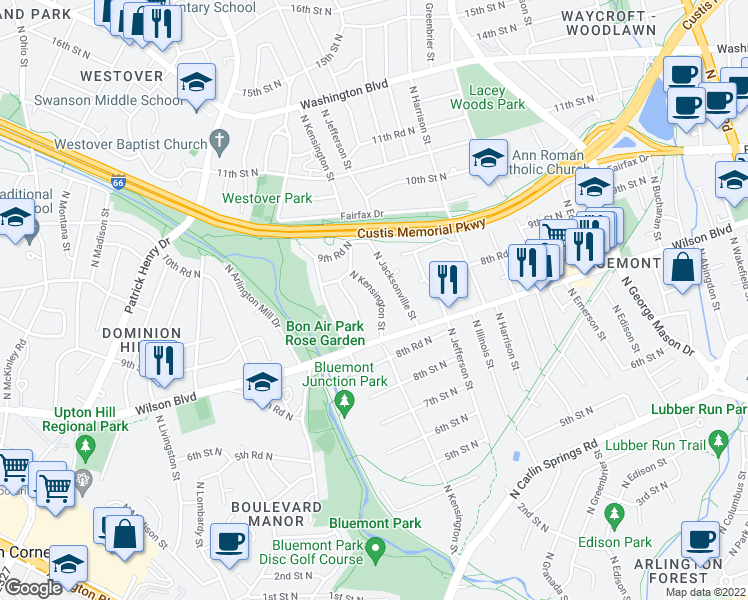 map of restaurants, bars, coffee shops, grocery stores, and more near 876 North Kensington Street in Arlington
