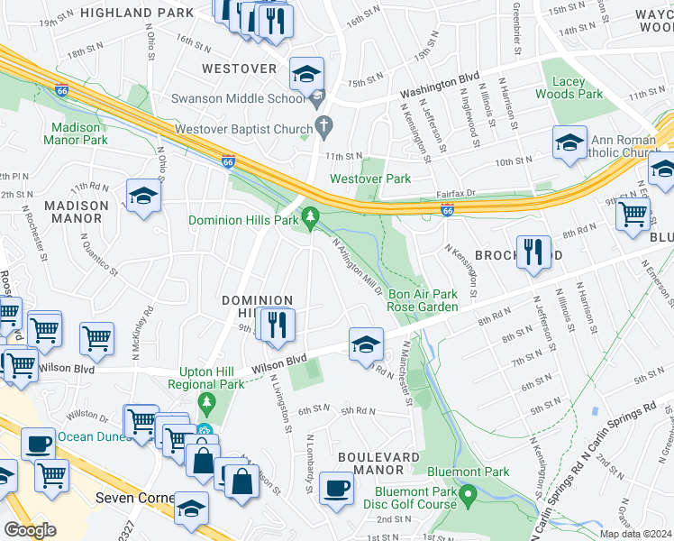 map of restaurants, bars, coffee shops, grocery stores, and more near 1009 North Larrimore Street in Arlington