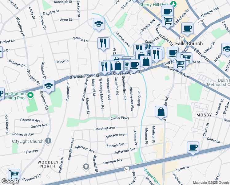 map of restaurants, bars, coffee shops, grocery stores, and more near 2810 Cameron Road in Falls Church