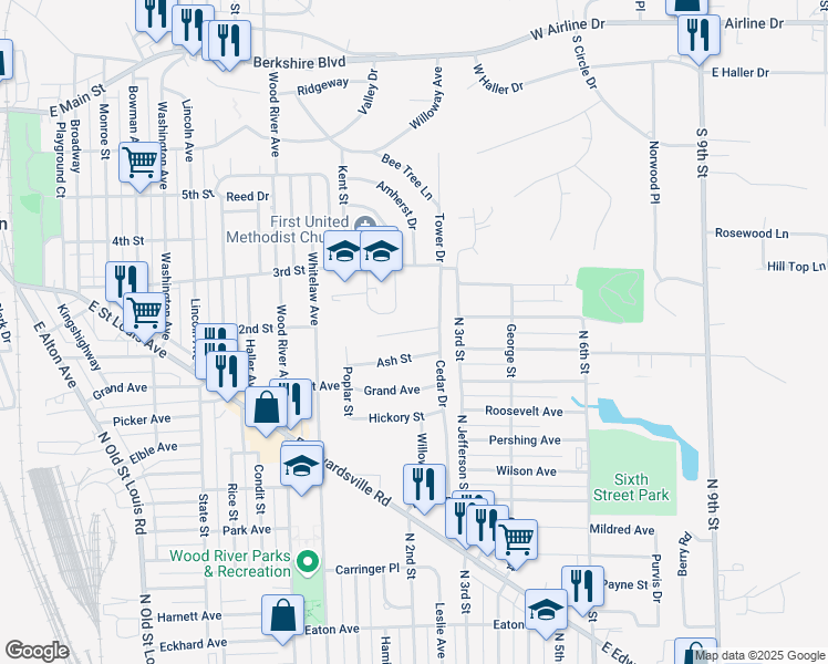 map of restaurants, bars, coffee shops, grocery stores, and more near 159 Red Bud Drive in Wood River