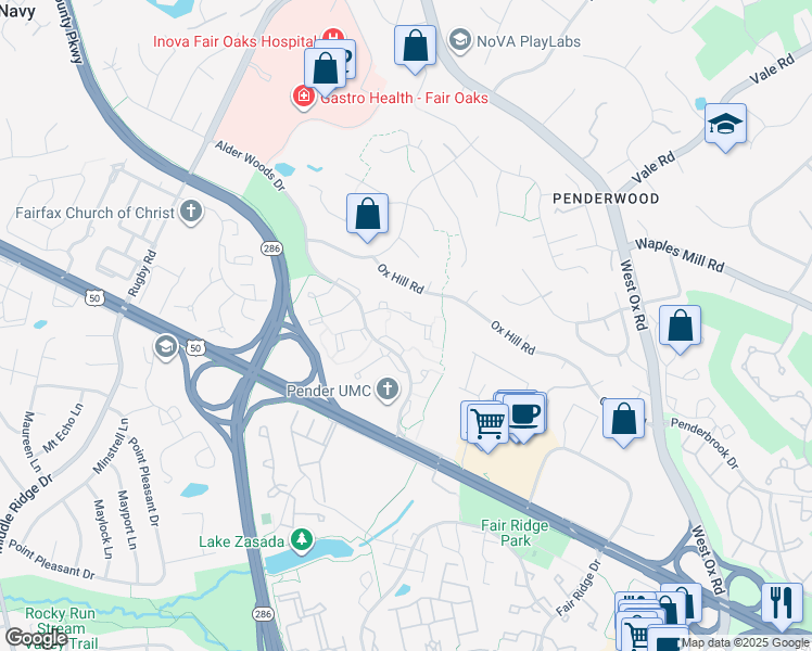 map of restaurants, bars, coffee shops, grocery stores, and more near 12509 Sweet Leaf Terrace in Fairfax