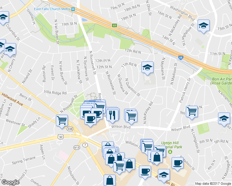map of restaurants, bars, coffee shops, grocery stores, and more near 965 North Rochester Street in Arlington