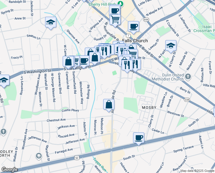 map of restaurants, bars, coffee shops, grocery stores, and more near 2800 Prince Albert Court in Falls Church