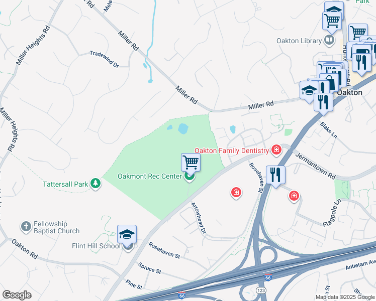 map of restaurants, bars, coffee shops, grocery stores, and more near 3200 Jermantown Road in Oakton