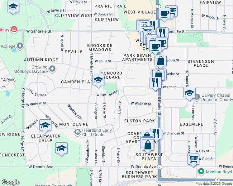 map of restaurants, bars, coffee shops, grocery stores, and more near 1301 West Elm Terrace in Olathe