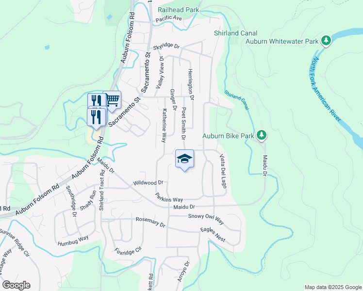 map of restaurants, bars, coffee shops, grocery stores, and more near 11245 Camjen Lane in Auburn