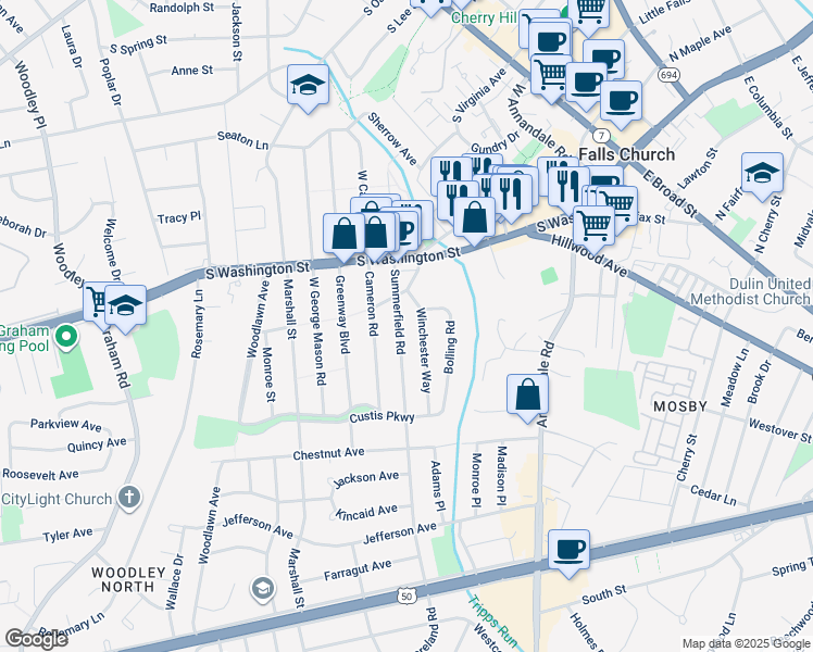 map of restaurants, bars, coffee shops, grocery stores, and more near 2811 Summerfield Road in Falls Church