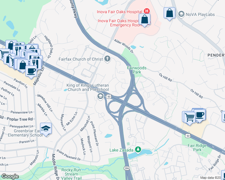 map of restaurants, bars, coffee shops, grocery stores, and more near 3964 Rosebay Court in Fairfax
