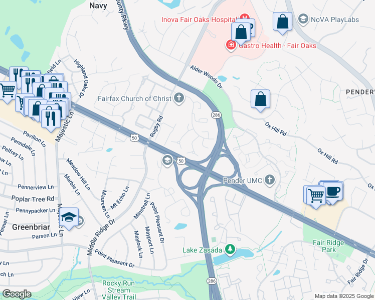 map of restaurants, bars, coffee shops, grocery stores, and more near 3964 Rosebay Court in Fairfax
