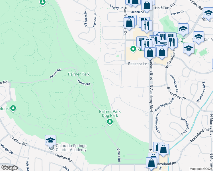 map of restaurants, bars, coffee shops, grocery stores, and more near 3413 Parkmoor Village Drive in Colorado Springs