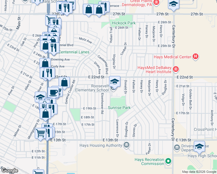 map of restaurants, bars, coffee shops, grocery stores, and more near 2005 Mac Arthur Road in Hays