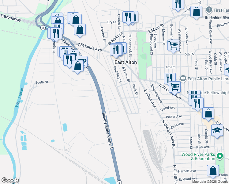 map of restaurants, bars, coffee shops, grocery stores, and more near 144 Victory Drive in East Alton