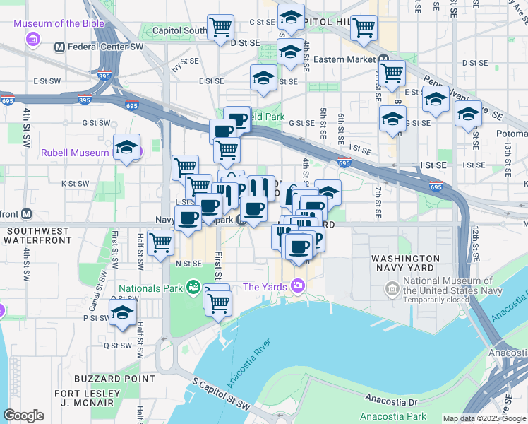 map of restaurants, bars, coffee shops, grocery stores, and more near 200 M Street Southeast in Washington