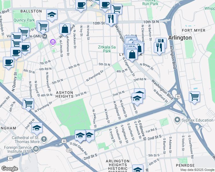 map of restaurants, bars, coffee shops, grocery stores, and more near 230 North Highland Street in Arlington